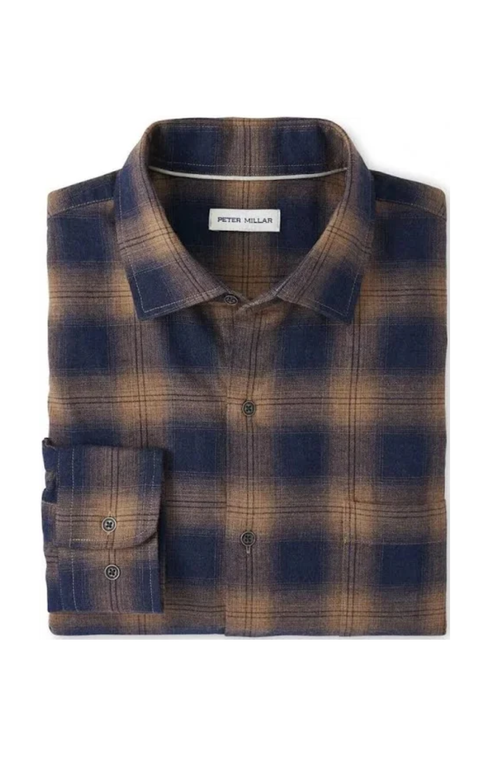Peter Millar - Edgehill Cotton Sport Shirt Navy Blue Brown Plaid Button Up