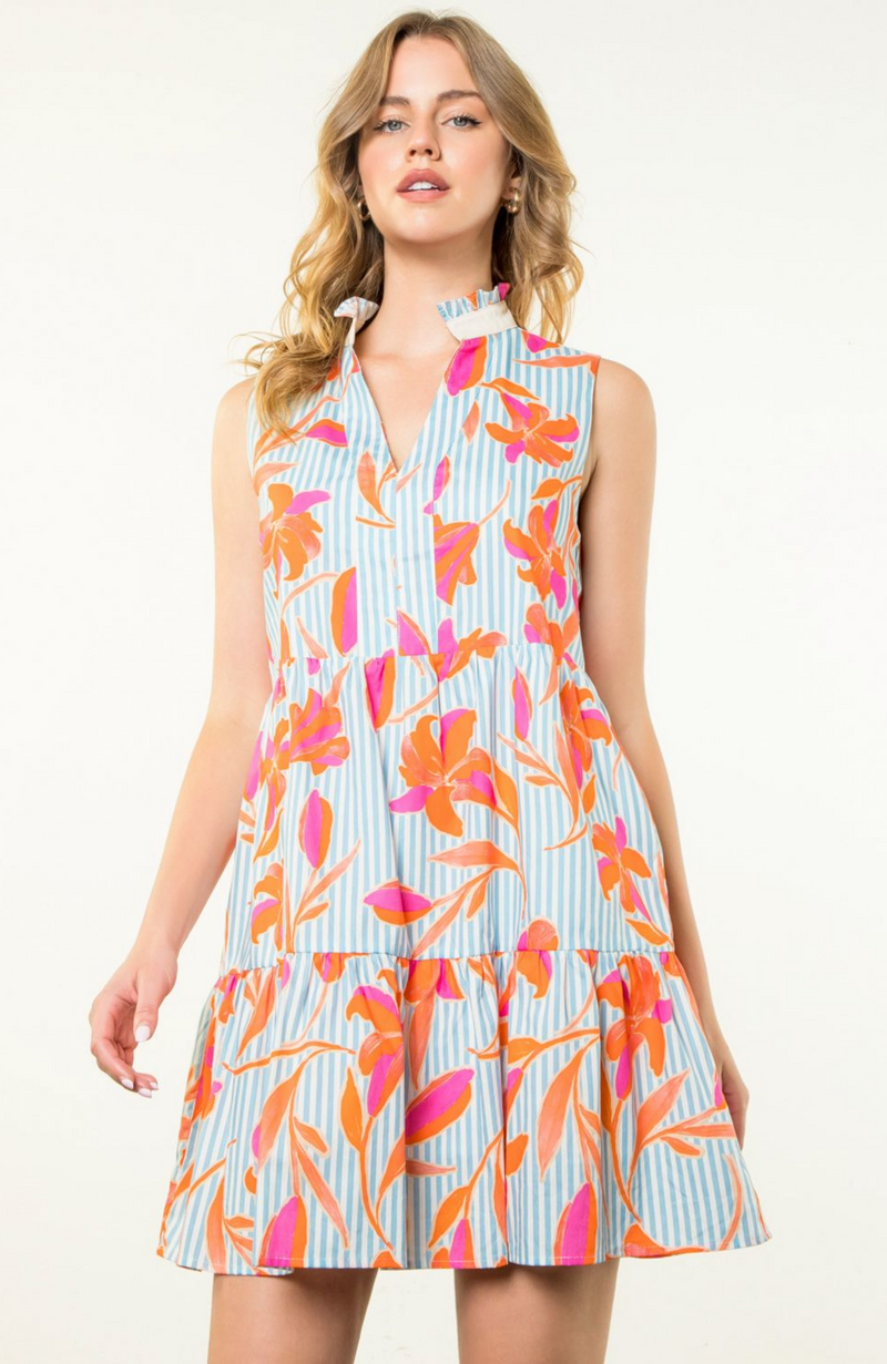 Sleeveless Flower Striped Dress