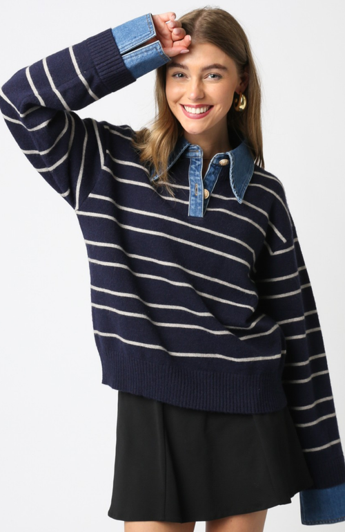 Denim Collar Striped Polo Sweater