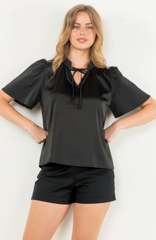 Faux Leather Tie Neck Top