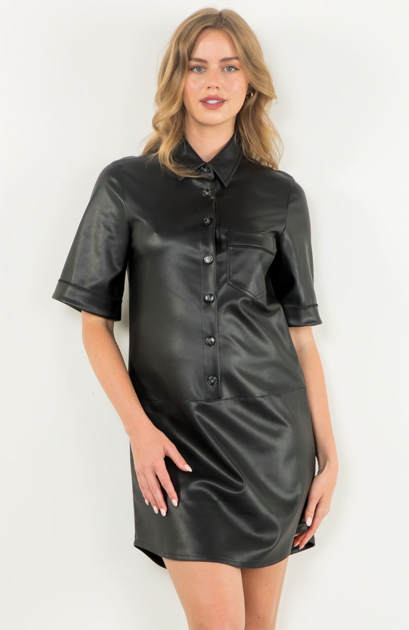 Faux Leather Shirt Dress