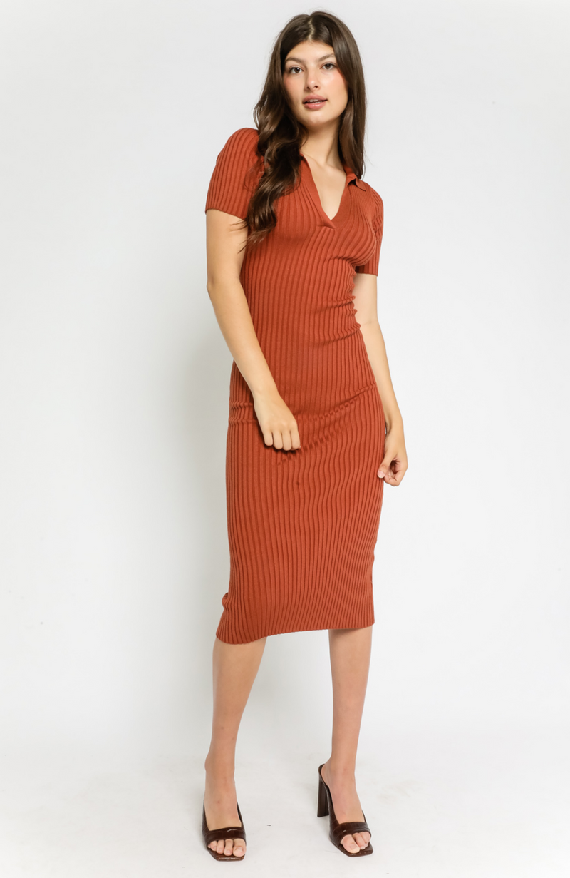 Knit Collared Short Sleeve Ribbed Dress